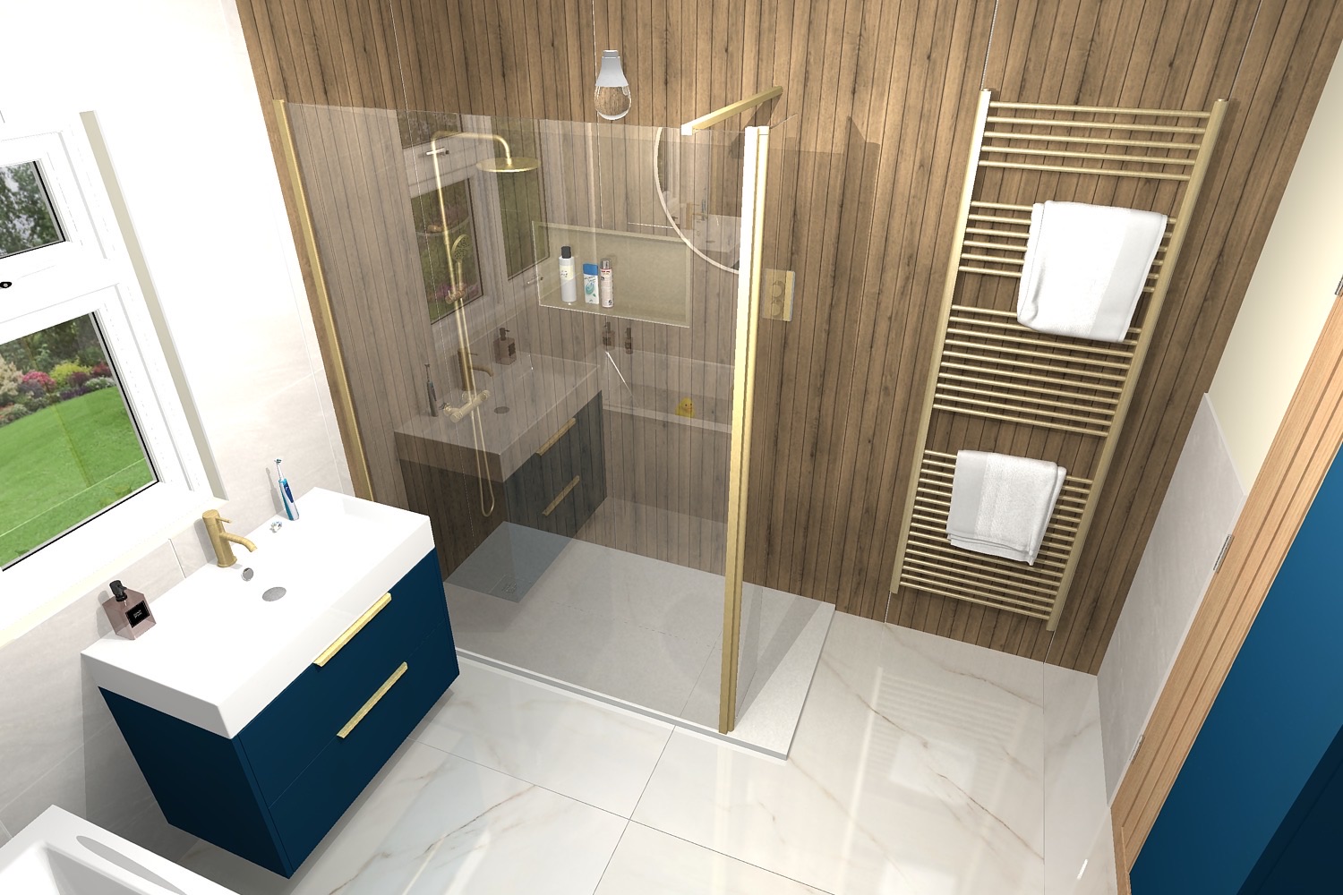 Bathroom with blue vanity, glass shower enclosure and timber-effect wall tiles