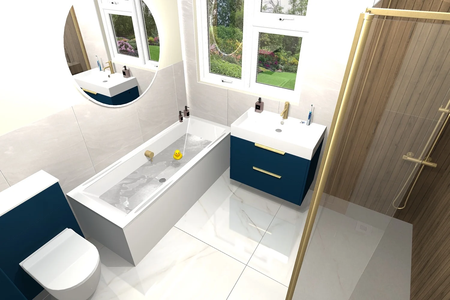Bathroom with blue vanity, white bath and timber-effect shower tiles